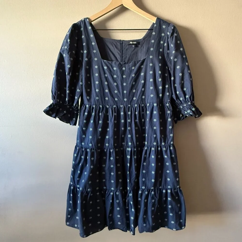 Women's 6 Madewell Square-Neck Puff-Sleeve Babydoll Dress Navy Mini - Picture 4 of 10